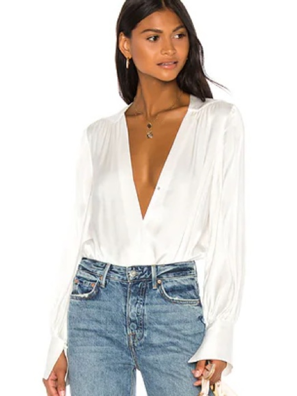 Bardot White Satin Deep V-Neck Blouse